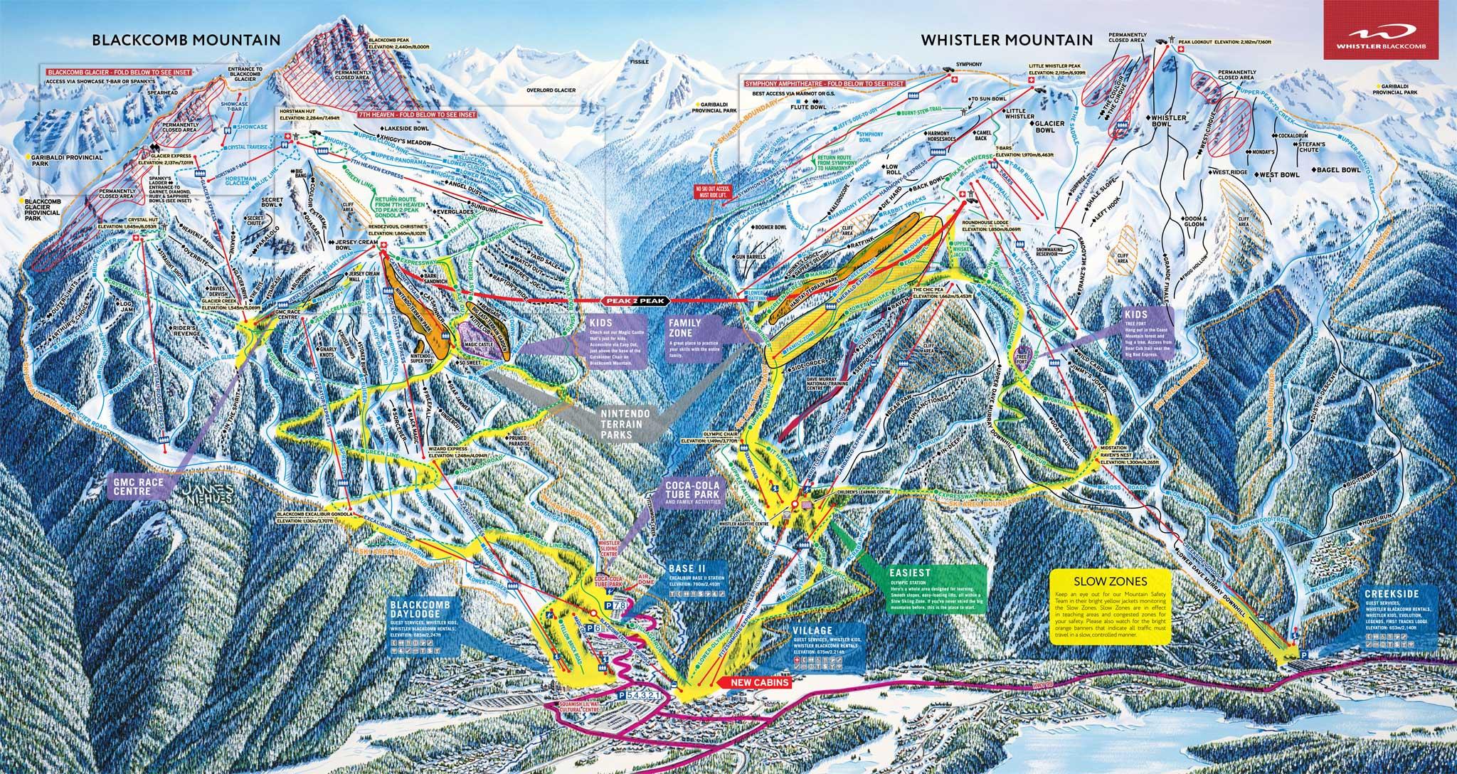 Whistler Blackcomb resort trail map showing both Whistler Mountain and Blackcomb Mountain with all ski runs